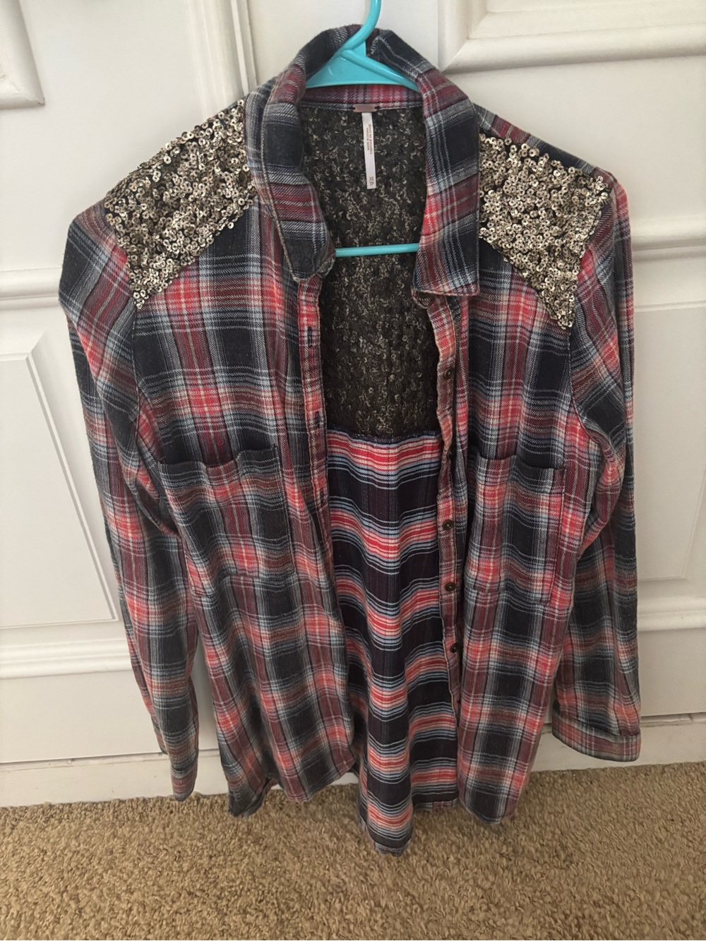 Free People Sequin Shoulder Plaid Button-Down Shirt - Pink, Gray, Black